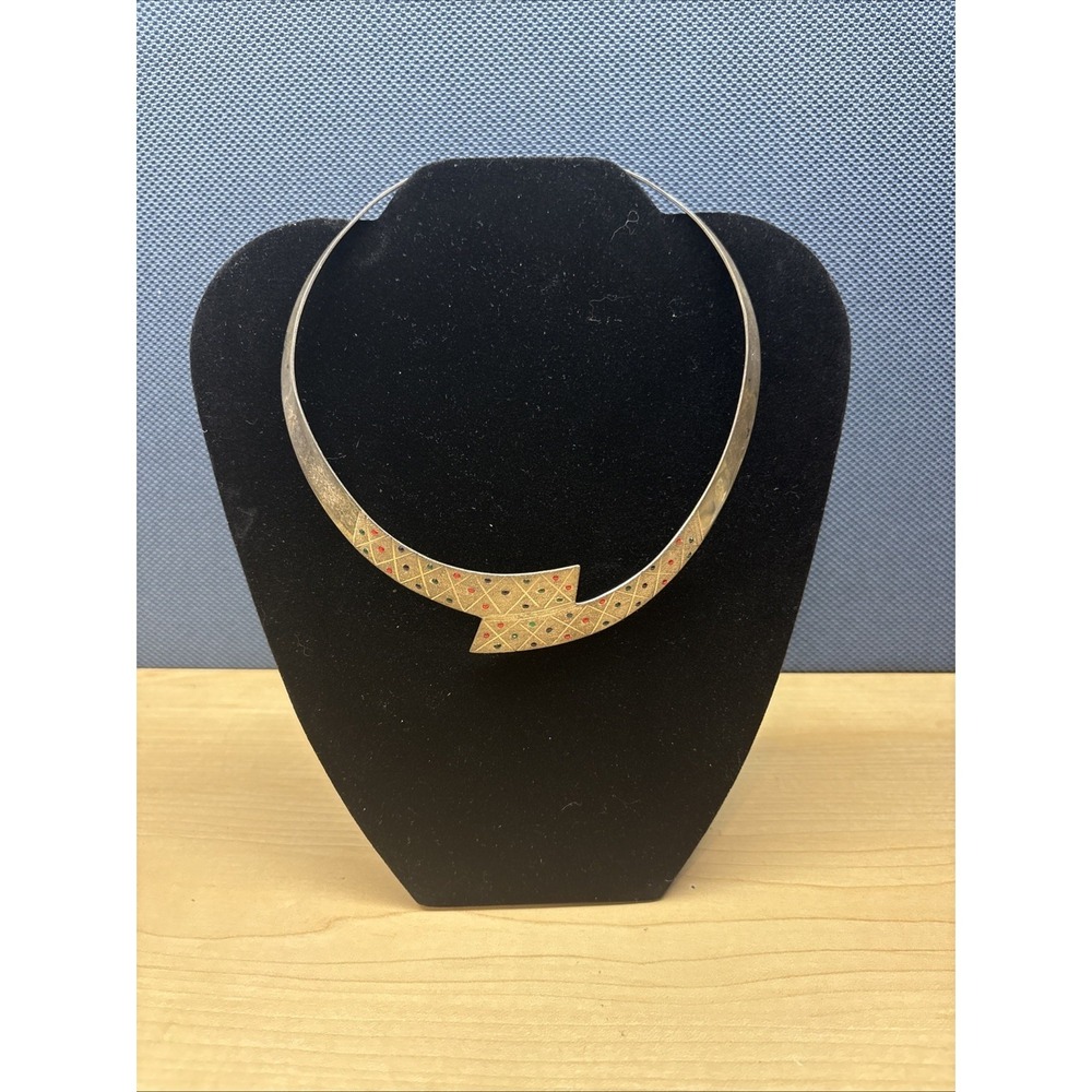 Signed HOD Artist made Laser Scored Sterling Silver & Enamel Choker Necklace